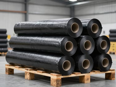 Stacked rolls of professional black asphalt waterproofing membranes on wooden pallets inside a bright, clean warehouse, industrial gray background.