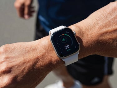 Close-up of a smartwatch displaying workout data on an athlete's wrist during a run, high-contrast natural daylight, sharp focus, 35mm