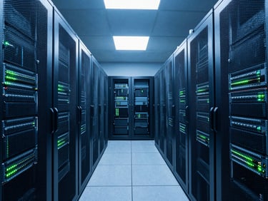 Symmetrical wide shot of a clean, well-lit meet-me room in a data center, rows of network equipment and patch panels, cool blue tones, industrial tech photography.