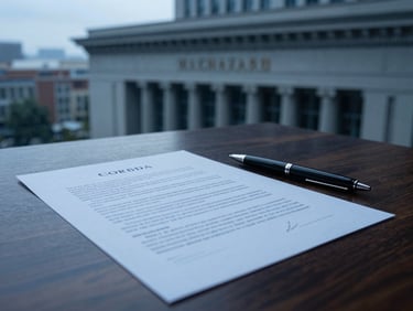 Close-up of a pen signing a contract on a polished dark wood desk, cool overcast daylight, deep blue and slate tones, architectural details, 35mm lens