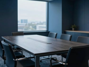 Empty, organized modern meeting room with a large table and chairs, diffused natural light from a large window, deep blue and slate tones, architectural details, 35mm lens