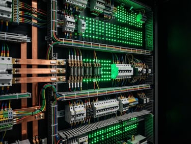 Macro shot of a perfectly organized distribution board with neat copper wiring, technical precision, dark background with electric green indicator lights, sharp focus, 35mm lens