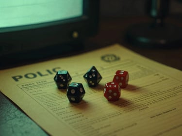 Close-up of polyhedral gaming dice resting on a yellowed police report file under a single desk lamp.