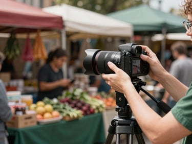 Behind-the-scenes content creation, a camera on a tripod positioned in front of a bustling market stall, hands adjusting the lens, natural north-facing daylight, 35mm.