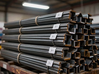 Close-up of stacked steel rebar bundles and structural profiles on warehouse racking, fluorescent overhead light, quantity tags attached to each bundle