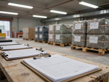 Wide shot of a construction site coordination area — clipboards with printed schedules, material bundles staged on pallets with handwritten labels, fluorescent overhead lighting, no workers visible, focus on the organized staging system