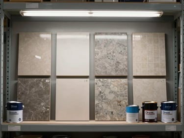 Flat-lay overhead of finishing material samples — tile, plaster board sheets, and paint cans arranged in a grid on a warehouse shelf under fluorescent light