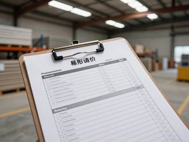 Close-up overhead view of a clipboard with a printed materials checklist on a concrete warehouse floor, stacked construction materials visible in the background under fluorescent lights, no people