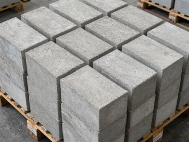 Overhead close-up flat-lay of concrete blocks stacked in precise rows on a warehouse floor, bright facility lighting, spec labels visible on pallet edge