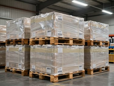 Wide shot of palletized construction materials staged in a warehouse bay, clearly labeled with packing tape and batch codes, bright overhead fluorescent lighting, no workers visible