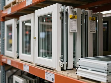 Close-up of window frames and door frames stacked upright in labeled warehouse bays, bright facility lighting, model codes visible on hanging tags