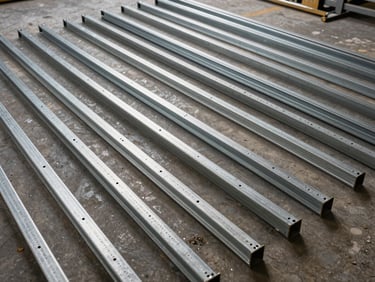 Overhead flat-lay of metal framing studs and track sections laid out on a warehouse floor, fluorescent lighting, part numbers stamped on each piece visible