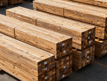 Wide shot of structural lumber stacked in organized rows in a warehouse, bright daylight-balanced lighting, each bundle labeled with dimension stickers