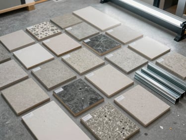 Overhead flat-lay of organized construction material samples — ceramic tiles, concrete panels, and steel profiles — arranged on a clean warehouse floor under bright fluorescent light, tightly grouped with visible spec labels