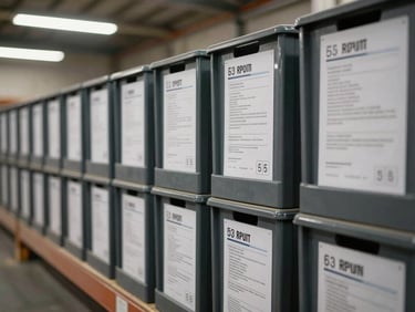 Close-up of organized inventory bins in a warehouse, each bin labeled with printed spec sheets and quantity tags, bright fluorescent lighting from above, concrete floor visible below, no people