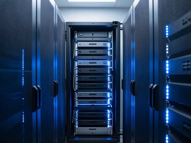 Symmetrical linear composition of pristine server racks under cool blue and white LED lighting, high contrast, 35mm photography