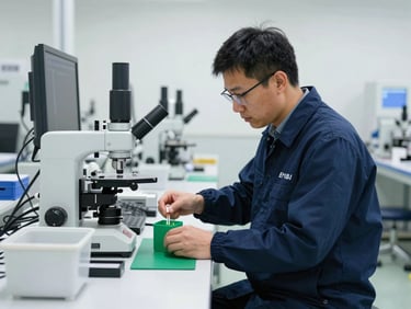 Cientista ambiental coletando amostras em área industrial controlada, com equipamentos de medição de alta tecnologia, luz natural, foco na precisão.