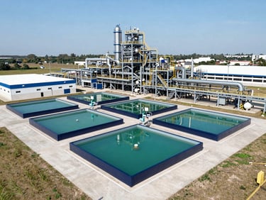 Vista aérea de uma estação de tratamento de efluentes moderna em uma planta industrial, com arquitetura limpa e tecnológica, luz natural.