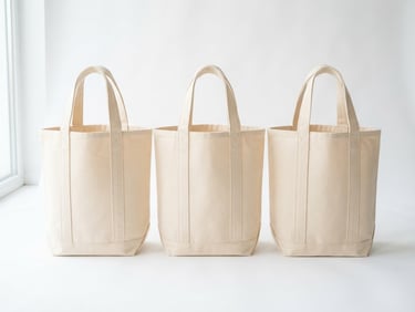 Bright high-key product photography of three premium canvas tote bags standing upright on a crisp white background with soft natural daylight, emphasizing rich fabric textures, 50mm