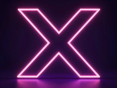 Abstract digital rendering of a glowing neon X structure, sharp architectural geometry, dark low-key studio lighting, electric pink and violet edge lights, ultra-wide negative space.