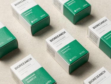 Flat-lay presentation of BIORESEARCH pharmaceutical packaging redesign, clean layout with technical typography, sharp green and white boxes on a raw canvas surface.