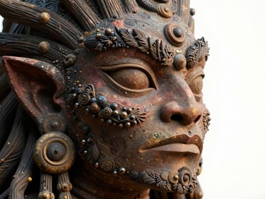 Detailed close-up of a digital illustration depicting a mystical Mexican creature, rich organic textures, high contrast lighting.