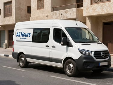 A clean, liveried All Hours Plumbers service van parked on a sunny street in Deira, high-contrast direct daylight, wide environmental shot