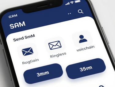 High-fidelity UI mockup of a CRM mobile interface showing options to send SMS, email, or ringless voicemail, clean UI, bright studio light, focus on communication options.