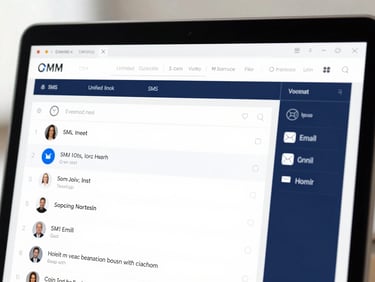 High-fidelity UI mockup of a CRM unified inbox dashboard on a desktop, showing SMS, email, and voicemail threads in a clean interface, bright studio light, focus on conversation history.