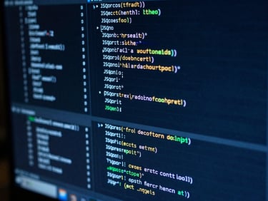 Macro shot of a high-contrast computer terminal screen displaying structured JSON data blocks, cool blue lighting, sharp focus on lines of code, dark background