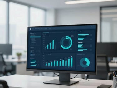 Shot of a clean, modern data visualization dashboard on a large monitor, displaying charts and graphs in teal and navy, with a blurred corporate office background. Cool blue and slate tones, bright natural daylight, sharp focus, editorial style, 35mm.