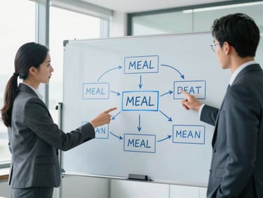 Medium shot of two professionals in business attire discussing a large flowchart on a whiteboard, illustrating a MEAL framework, in a bright, modern meeting room. Cool blue and slate tones, bright natural daylight, sharp focus, editorial style, 35mm.