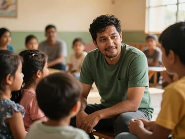 A warm, candid portrait of a man in a green shirt talking gently with a family in a community center, soft lighting, 35mm