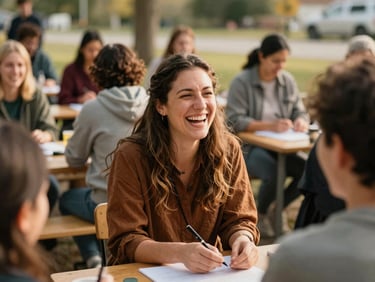 A warm, candid portrait of a woman laughing during an outdoor community workshop, natural daylight, 35mm