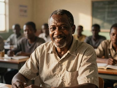 A warm, candid portrait of a middle-aged Black man smiling in a sunlit classroom, natural golden-hour light, 35mm