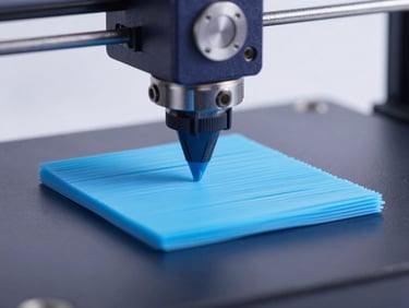 Macro close-up of a 3D printer nozzle depositing clean, precise layers of sky-blue PETG filament on a dark build plate, cool studio lighting, 50mm lens