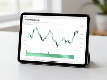 A clean tablet screen showing a simplified financial chart, structured layout, soft natural lighting.