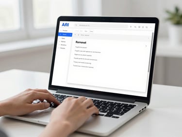 A laptop screen displaying a clean AI prompt interface, hands typing, soft natural daylight, minimalist blue and white tones.