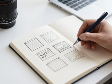 Close-up of a hand sketching a digital product wireframe in a clean paper notebook, modern workspace.
