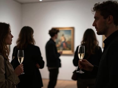 Low-key atmospheric blur of an art gallery opening in London, soft evening light, silhouettes of guests holding champagne glasses, focus on textures