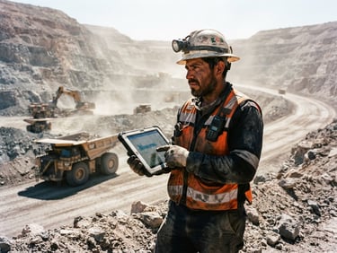 Dramatic environmental portrait of a rugged Mexican mining operator in high-visibility vest holding a ruggedized tablet, harsh high-contrast sunlight casting deep shadows, dusty atmosphere, open-pit mine background, 35mm