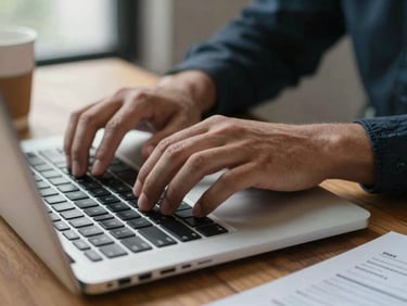 Close-up of hands typing on a laptop keyboard on a wooden desk, a coffee cup and folded resume sheet visible to the right, cool natural window light from the left, no people's faces, sharp focus on fingers mid-keystroke
