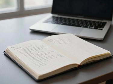 Open notebook with handwritten interview prep notes on a desk, a closed laptop in the background, cool window light, no people visible