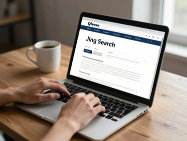 Laptop open to a job search page on a wooden desk, hands resting on keyboard, natural light from a window to the right, coffee cup blurred in background