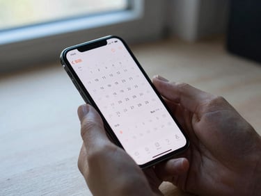 Hands holding a smartphone showing a calendar app, desk surface visible below, cool window light, no faces visible, close-up framing on the phone screen and fingers