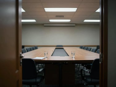 Empty conference room table with two glasses of water and a notepad, cool fluorescent light overhead, no people, wide shot from doorway, quiet before-the-meeting atmosphere