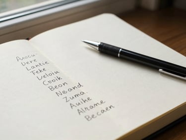Notebook open to a hand-written list of company names, mechanical pencil resting on page, natural light from a side window, close crop on the handwriting, no faces