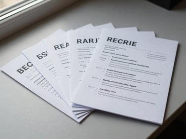 Resume pages fanned out on a gray desk, natural daylight from a side window, slight shadows across the paper, no hands or person visible
