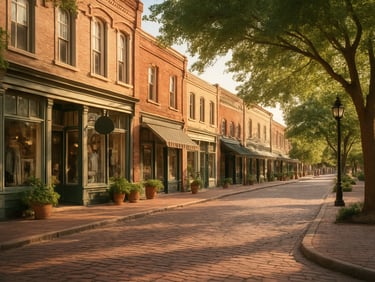 Charming brick paved historic square in McKinney Texas, boutique shops, warm sun, green trees, inviting community atmosphere