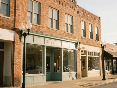 Historic downtown Sherman Texas storefronts, warm brick architecture, soft afternoon sun, elegant street lamps